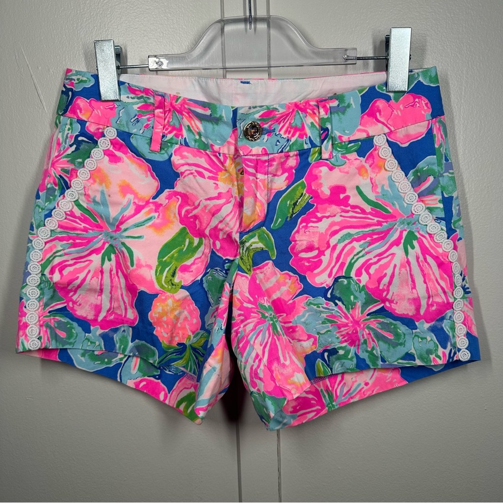 Lilly Pulitzer Neon Pink & Blue Floral Lace-Trim Shorts